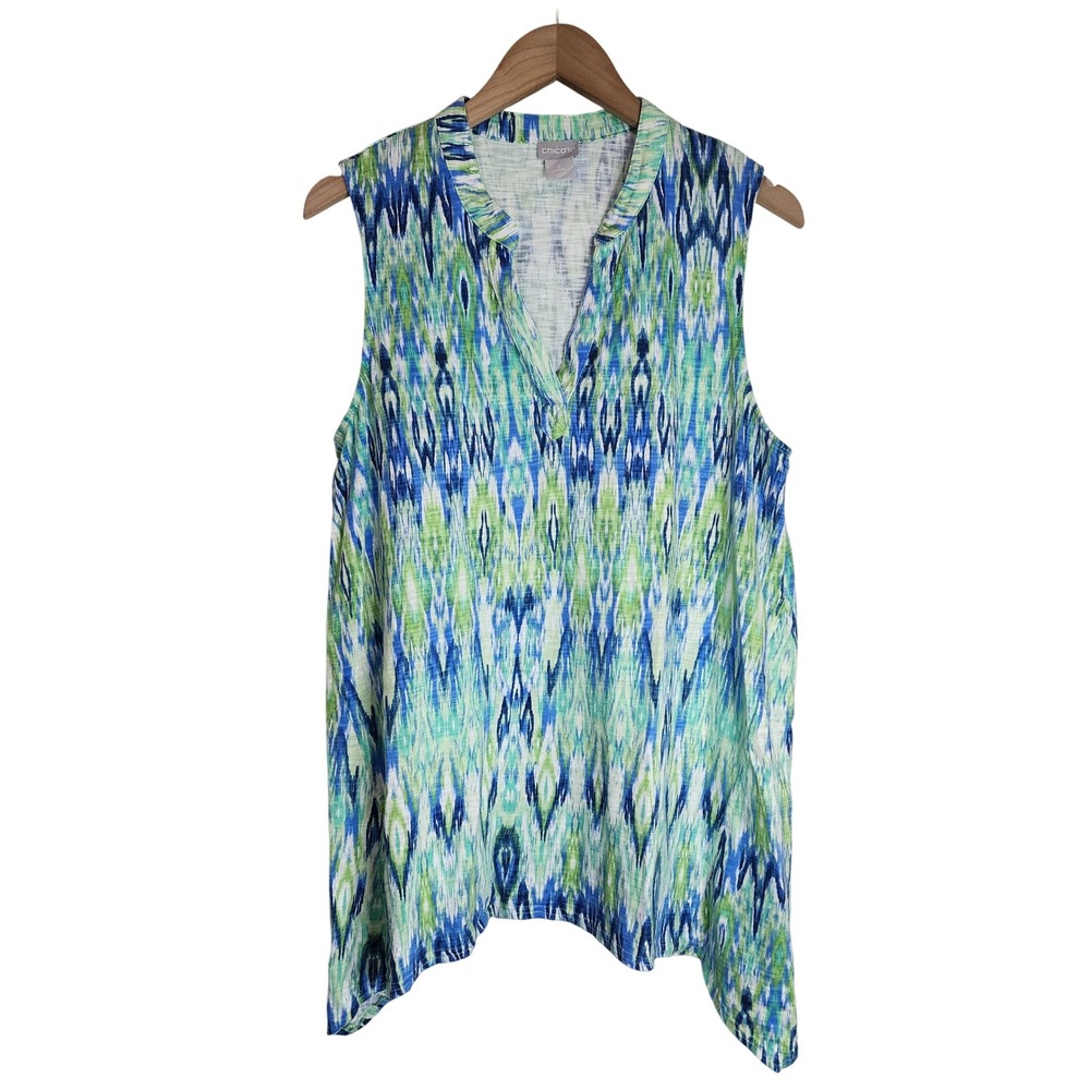 Chico's Tank Women's 2 Large Sleeveless‎ V-Neck Blue Green